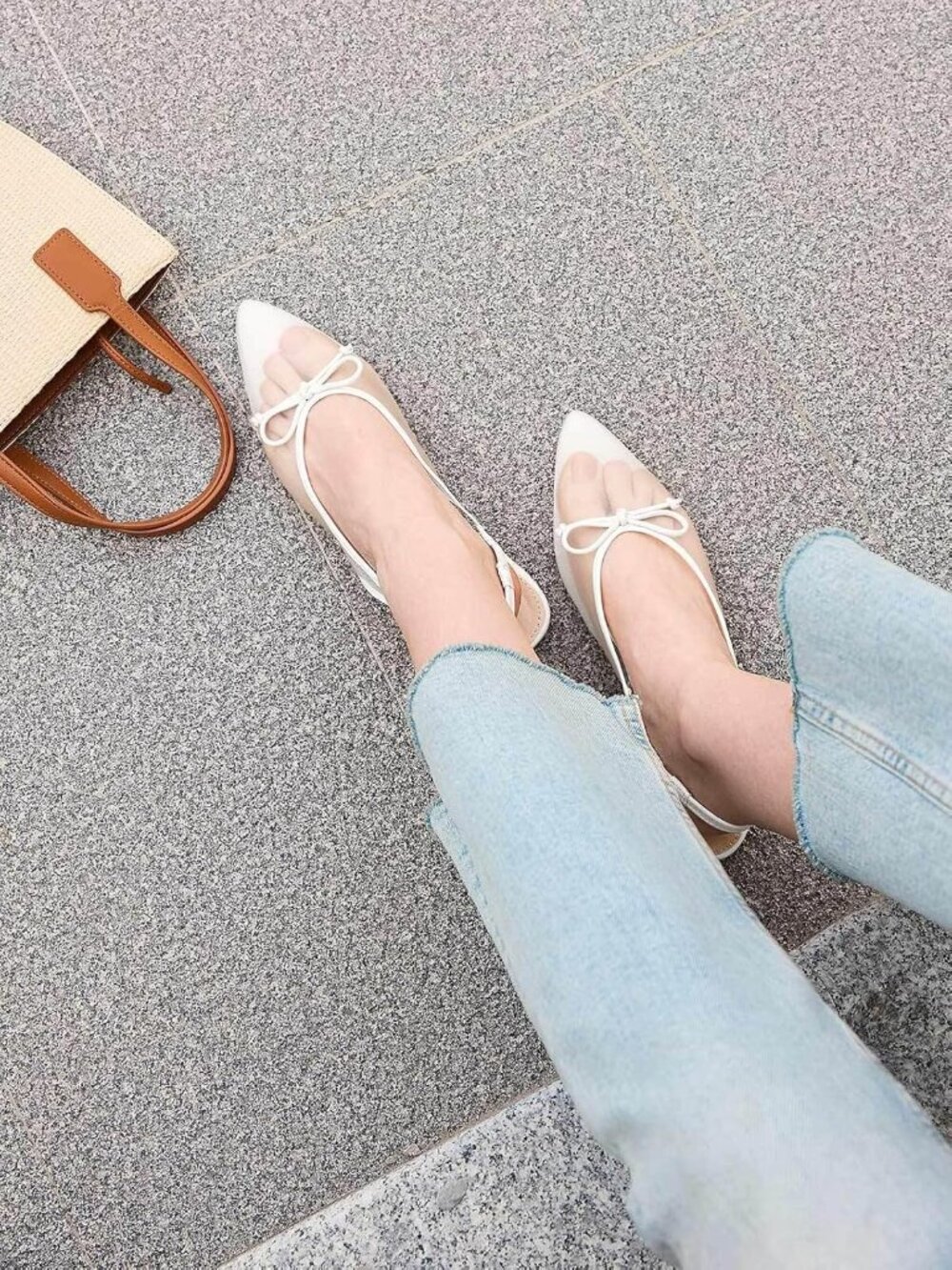 Women's White Slingback Flats Bow Closed Pointed Toe Mesh Ballet Flats Sandals - Picture 3 of 6